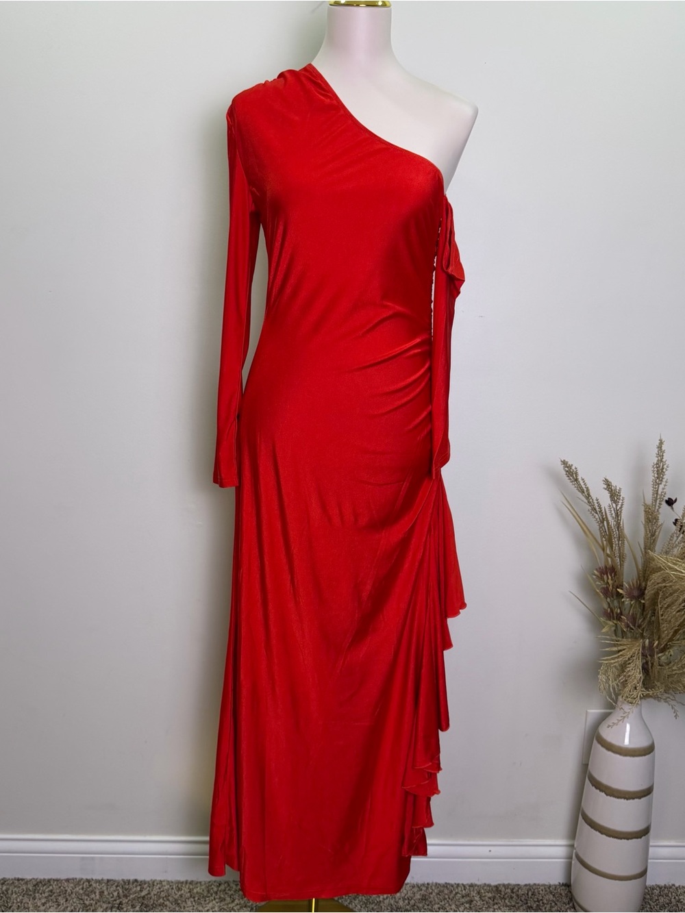 Asymmetrical Size M One-Shoulder Ruffle Maxi Dress in Crimson Red